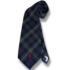 Polo Ralph Lauren Men Pony Vintage Blue Green Tartan Check Cotton Tie USA 80's
